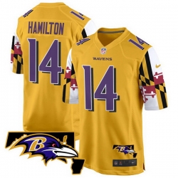 Men Baltimore Ravens 14 Kyle Hamilton Gold 2025 Maryland Flag Vapor Limited Football Game Jersey