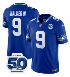 Men Seattle Seahawks 9 Kenneth Walker III Royal 2025 F U S E 50th Anniversary Patch Throwback Vapor Limited Stitched Football Jersey Men Seattle Seahawks 9 Kenneth Walker III Royal 2025 F U S E 50th Anniversary Patch Throwback Vapor Limited Stitched Football Jersey