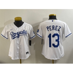 Women Kansas City Royals 13 Salvador Perez White Cool Base Stitched Jersey 