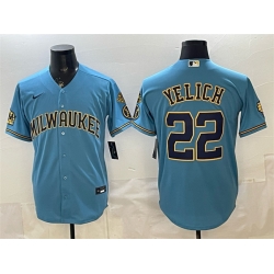 Men Milwaukee Brewers  22 Christian Yelich Blue With Home   Bob Uecker Patch Stitched Baseball Jersey
