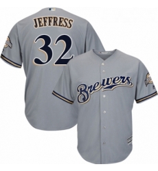 Youth Majestic Milwaukee Brewers 32 Jeremy Jeffress Authentic Grey Road Cool Base MLB Jersey 