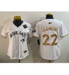 Women Toronto Blue Jays 22 Ernie Clement White Gold 2025 American League Champions Limited Stitched Baseball Jersey 