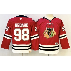 Youth Chicago Blackhawks 98 Connor Bedard Red 2025 Home 100th Anniversary Stitched Hockey Jersey