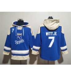 Men Kansas City Royals 7 Bobby Witt Jr Blue Ageless Must Have Lace Up Pullover Hoodie Men Kansas City Royals 7 Bobby Witt Jr Blue Ageless Must Have Lace Up Pullover Hoodie