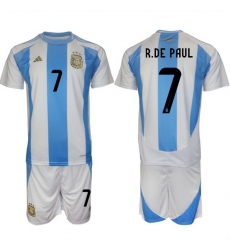 Men Argentina 7 Rodrigo Javier De Paul White Blue 2024 25 Home Soccer Jersey Suit
