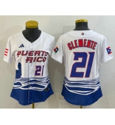 Womens Puerto Rico Baseball 21 Roberto Clemente Number 2023 White World Classic Stitched Jerseys Womens Puerto Rico Baseball 21 Roberto Clemente Number 2023 White World Classic Stitched Jerseys