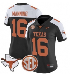 Women Texas Longhorns 16 Arch Manning Black White Map 26 SEC Patch Stitched Football Jersey Women Texas Longhorns 16 Arch Manning Black White Map 26 SEC Patch Stitched Football Jersey
