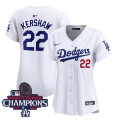 Women Nike Los Angeles Dodgers Clayton Kershaw #22 White Flex Base 2024 World Series Champions Stitched MLB Jersey Women Nike Los Angeles Dodgers Clayton Kershaw #22 White Flex Base 2024 World Series Champions Stitched MLB Jersey
