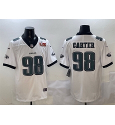 Men Philadelphia Eagles 98 Jalen Carter White 2025 Super Bowl LIX Patch New Vapor Untouchable Limited Stitched Football Jersey Men Philadelphia Eagles 98 Jalen Carter White 2025 Super Bowl LIX Patch New Vapor Untouchable Limited Stitched Football Jersey