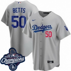 Men Los Angeles Dodgers 50 Mookie Betts Cool Base 2025 World Champions Stitched Baseball Jersey Gray