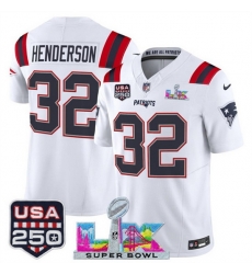 Men New England Patriots 32 TreVeyon Henderson White 2025 F U S E  Super Bowl LX Patch And USA 250 27 Patch Vapor Limited Football Stitched Jersey
