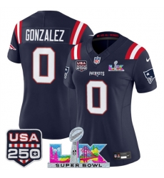 Women New England Patriots 0 Christian Gonzalez Navy 2025 F U S E  Super Bowl LX Patch And USA 250 27 Patch Vapor Limited Football Stitched Jersey 