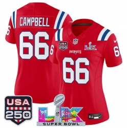 Women New England Patriots 66 Will Campbell Red 2025 F U S E  Super Bowl LX Patch And USA 250 27 Patch Vapor Limited Football Stitched Jersey 