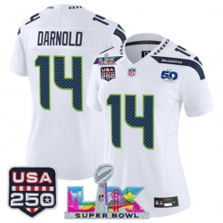 Women Seattle Seahawks 14 Sam Darnold White 2025 F U S E  Super Bowl LX Patch And 50th Season  26 USA 250 27 Patch Vapor Limited Football Stitched Jersey 