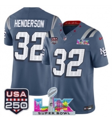 Youth New England Patriots 32 TreVeyon Henderson Storm Blue 2025 F U S E  Super Bowl LX  USA 250 Patch  Rivalries Vapor Limited Stitched Football Jersey