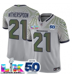 Men Seattle Seahawks 21 Devon Witherspoon Royal 2025 F U S E  Super Bowl LX Patch And 50th Season Patch  Rivalries Vapor Limited Stitched Football Jersey