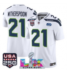 Men Seattle Seahawks 21 Devon Witherspoon White 2025 F U S E Super Bowl LX Patch And 50th Season USA 250 Patch Vapor Limited Football Stitched Jersey Men Seattle Seahawks 21 Devon Witherspoon White 2025 F U S E Super Bowl LX Patch And 50th Season USA 250 Patch Vapor Limited Football Stitched Jersey