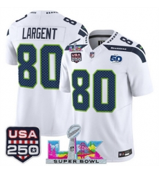 Men Seattle Seahawks 80 Steve Largent White 2025 F U S E  Super Bowl LX Patch And 50th Season  USA 250 Patch Vapor Limited Football Stitched Jersey