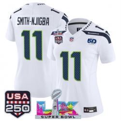 Women Seattle Seahawks 11 Jaxon Smith Njigba White 2025 F U S E Super Bowl LX Patch And 50th Season  USA 250 Patch Vapor Limited Football Stitched Jersey 