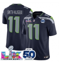 Youth Seattle Seahawks 11 Jaxon Smith Njigba Navy 2025 F U S E  Super Bowl LX Patch And 50th Season Patch Vapor Limited Stitched Football Jersey